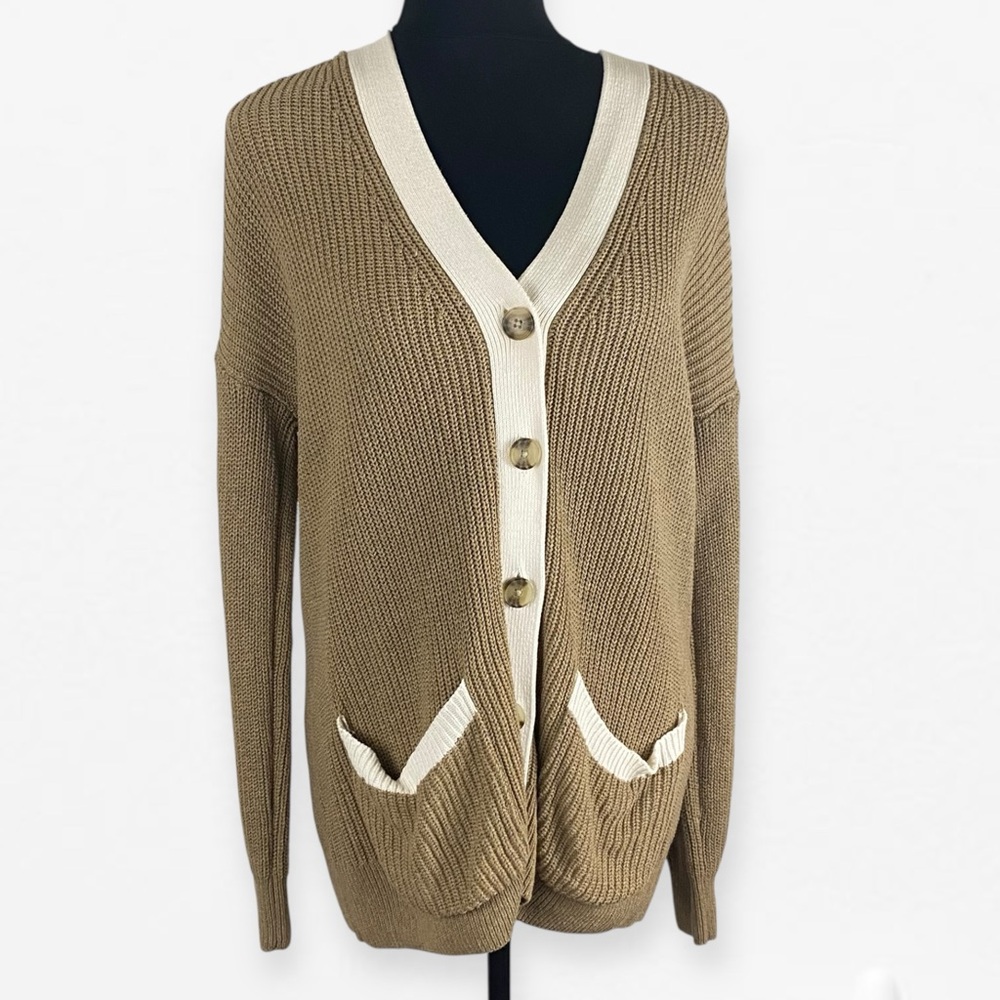 LOFT Tan brown and Cream Button-Up knit Cardigan Sweater with pockets  L